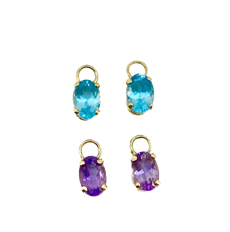 9ct Yellow Gold Hoop Earrings With Interchangeable Amethyst, Garnet and Topaz Charms - Pre Loved