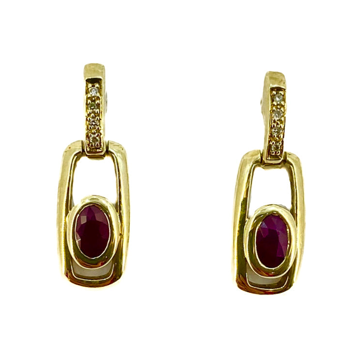 Preloved Dangle Earrings - 9ct Yellow Gold - Ruby and Diamonds Set PLE52
