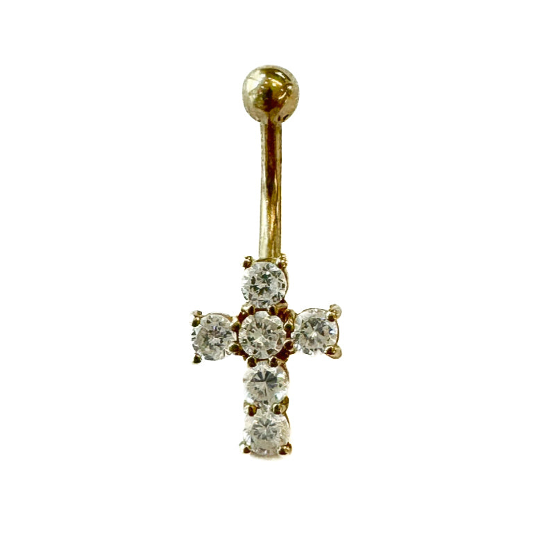 9ct Yellow Gold Cross Belly Bar Set with Cubic Zirconia Pre Loved