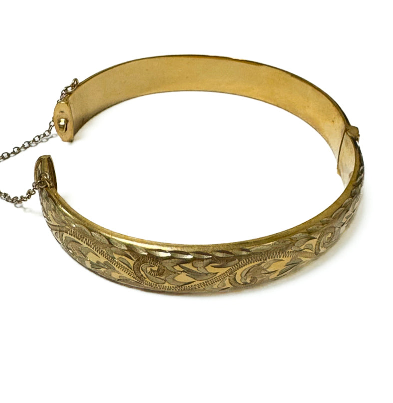 Rolled (Plated) Gold 9ct Patterned Hinge Bangle With Safety Chain Pre Loved