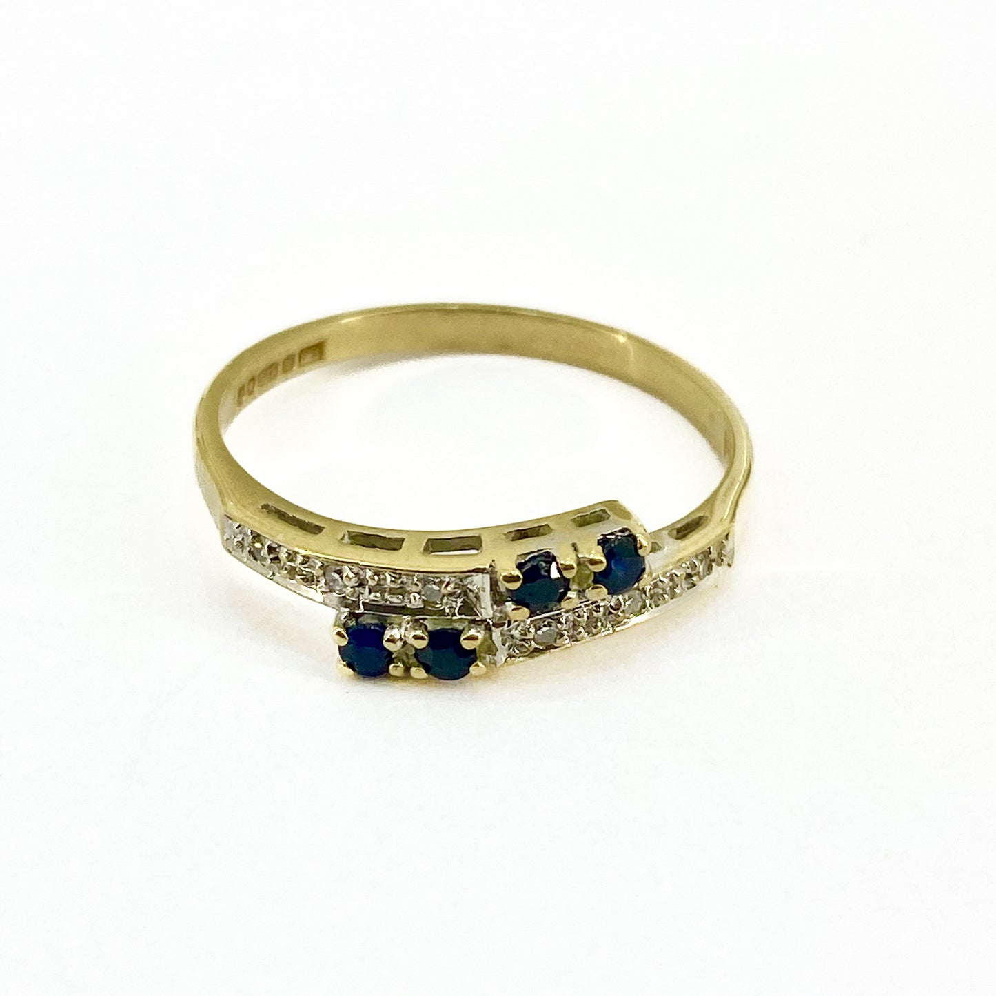 9ct Y/G Sapphire/diamond Crossover ring Pre Loved