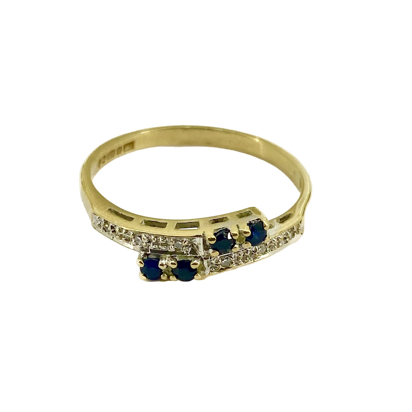 9ct Yellow Gold Sapphire and Diamond Crossover ring Pre Loved