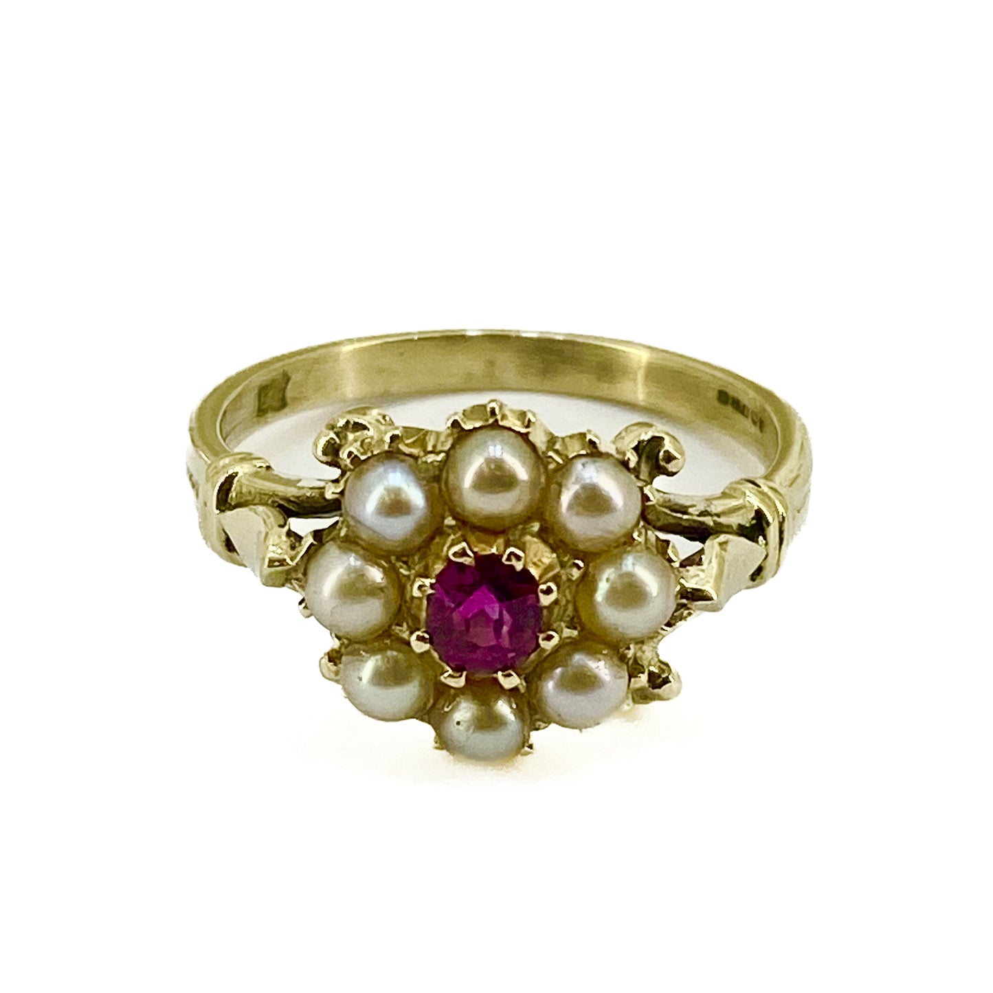 9ct Y/G Pearl/Ruby Cluster Ring Size L Pre Loved