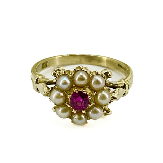 9ct Y/G Pearl/Ruby Cluster Ring  Size L Pre Loved