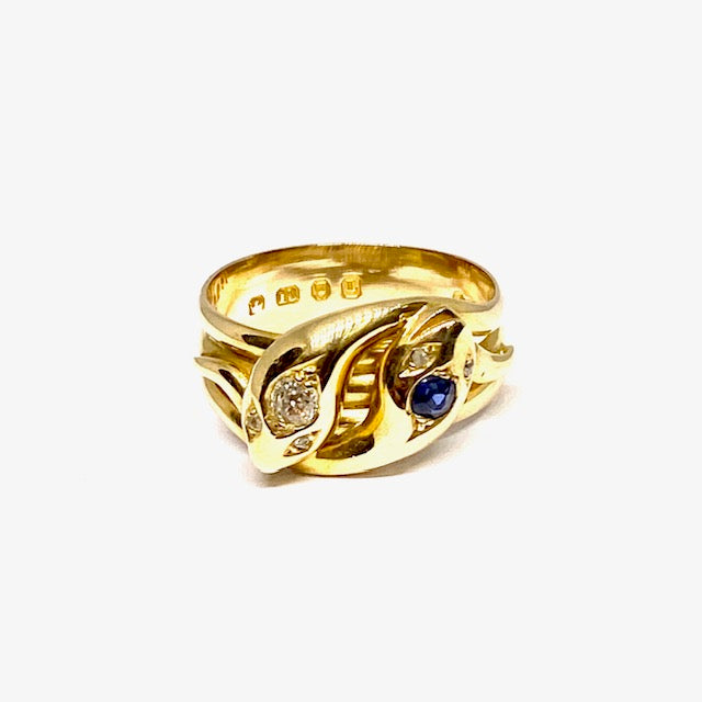 18ct Yellow Gold Diamond and Sapphire Double Snake Pre-Loved Ring