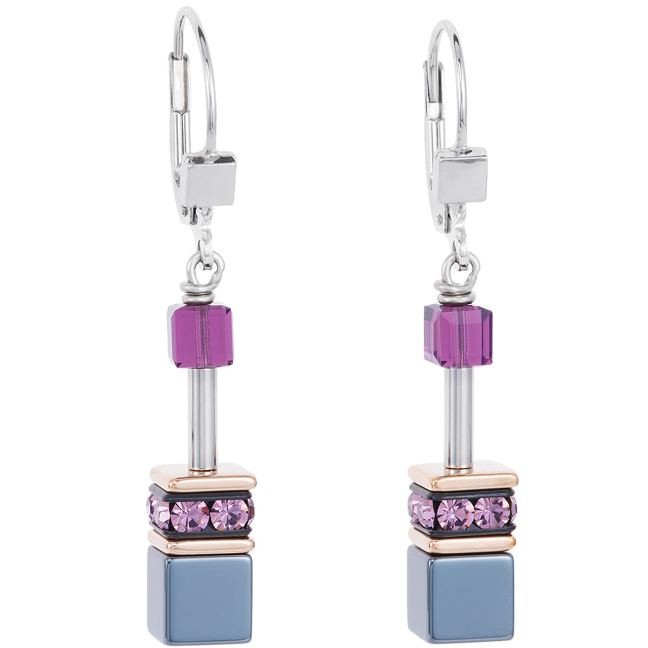Coeur De Lion Geo Cube Swarovski Crystals Blue Pink Drop Earrings 4015/20-0824