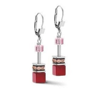 Coeur de Lion Stainless Steel Geo cube drop Red Pink earrings 4905/20-0308