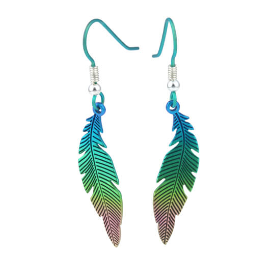 Titanium Green Rainbow Colour Curve Feather Earrings