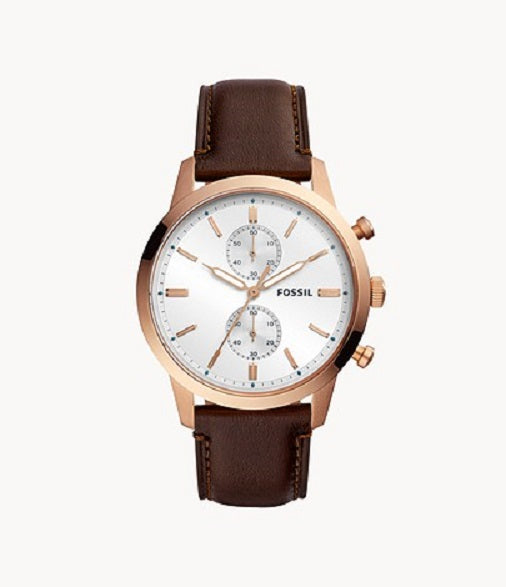 Fossil Townsman Chronograph Rose tone Stainless Steel Watch on Brown Leather