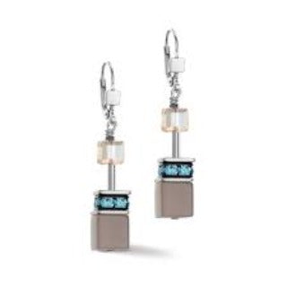 Coeur de Lion Stainless Steel Geo Cube Aqua beige drop earrings 4505/20-2010