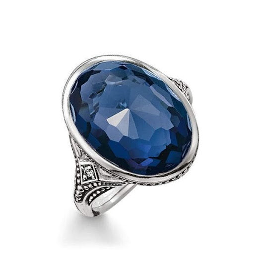 Thomas Sabo Silver Dark Blue Faceted stone set ring Size 54 ref TR2040-640-32-54