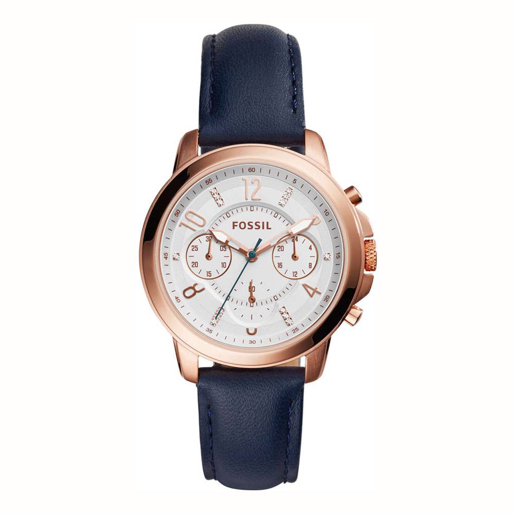 Fossil Gwynn Multi function Rose Gold Lady Navy Leather Watch ref ES4040
