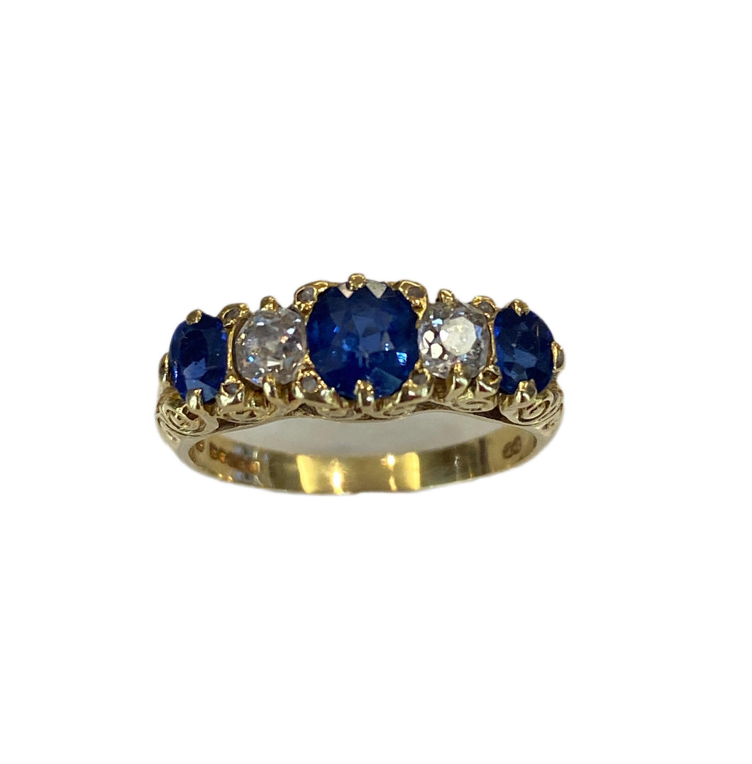 18ct Yellow Gold 3 Sapphire & 2 Diamond Ring - Pre-Loved