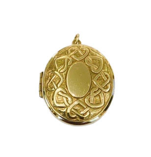 9ct yellow gold Oval  Celtic design Locket pendant with engraved back 3cms width x 3.5cms length cms