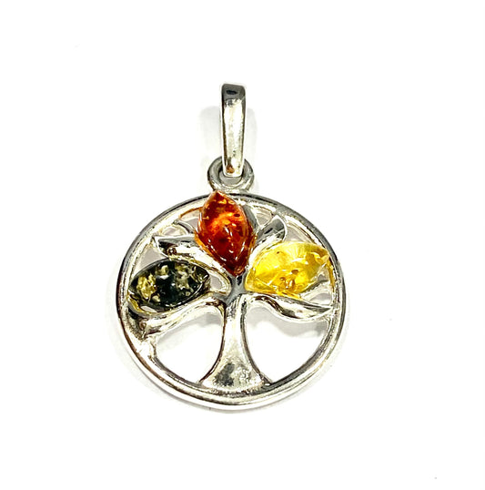 Silver Multi Coloured Amber Tree of Life Pendant