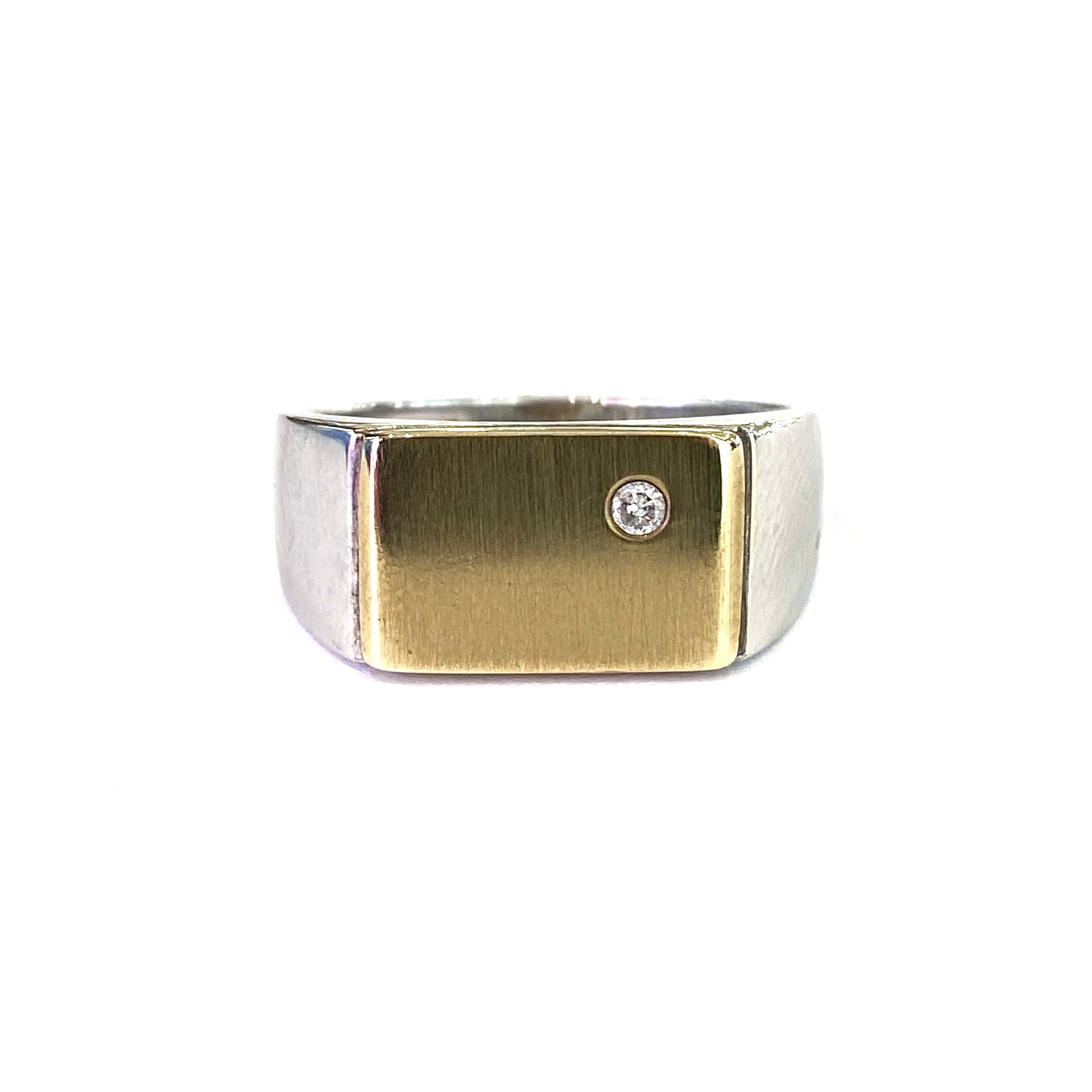 9ct White Gold with Yellow Gold Diamond Set Table Signet Ring Size V