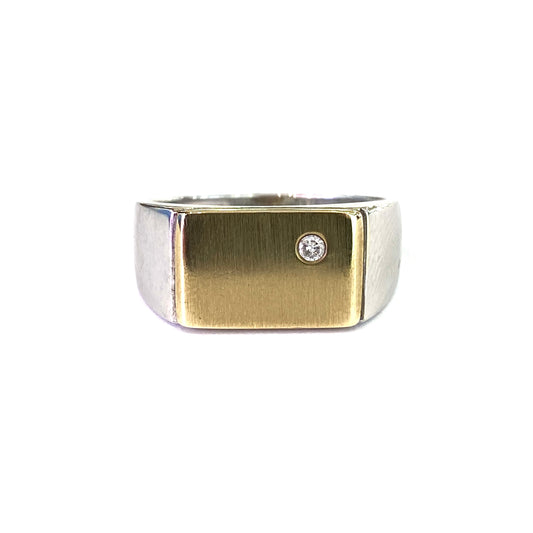 9ct White Gold with Yellow Gold Diamond Set Table Signet Ring Size V