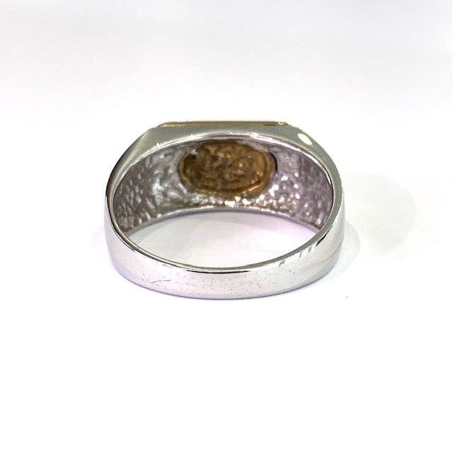 9ct White Gold with Yellow Gold Diamond Set Table Signet Ring Size V