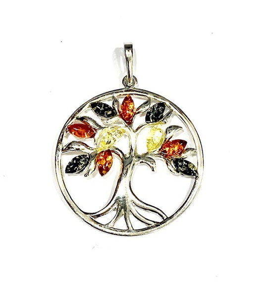 Silver Multi-Coloured Amber set Tree of Life Pendant