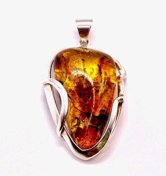 Silver Large Amber Pendant