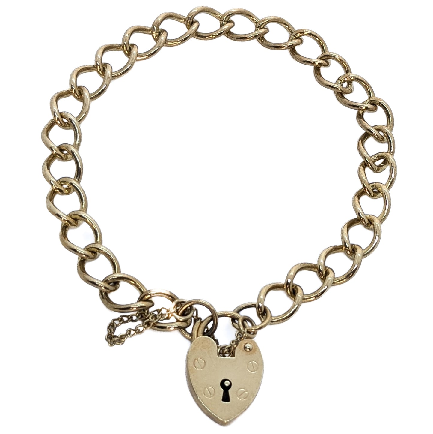 9ct Yellow Gold, Round Curb Link Charm Bracelet with Heart Padlock 7.5"