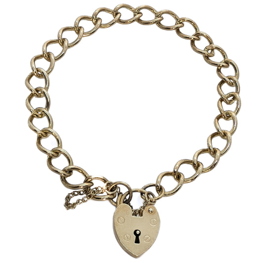 9ct Yellow Gold, Round Curb Link Charm Bracelet with Heart Padlock 7.5"