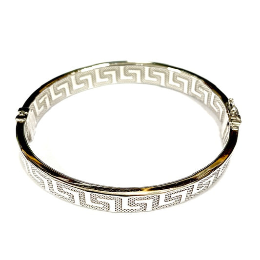 9ct White Gold, Greek Key-Pattern, Flat-Profile, Hinged Bangle