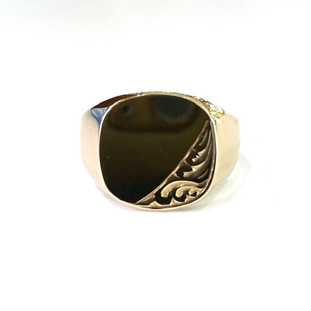 9ct Yellow Gold Engraved Cushion Signet Ring Size U