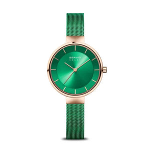 Bering Ladies Solar Green/Rose Gold Stainless Steel Mesh watch 14631-CHARITY