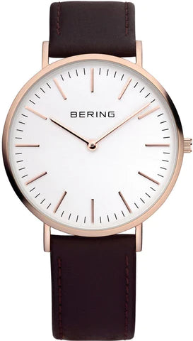 Bering Unisex Classic Rose gold plated case on Black Leather strap Watch Ref 13738 564
