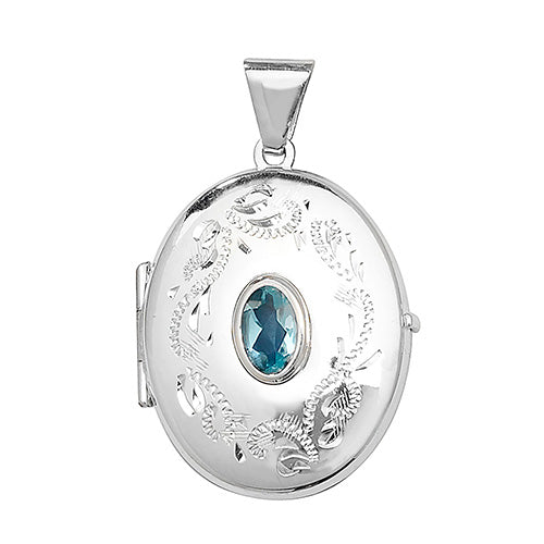 Silver Oval Patterned Locket Set With Gemstone
