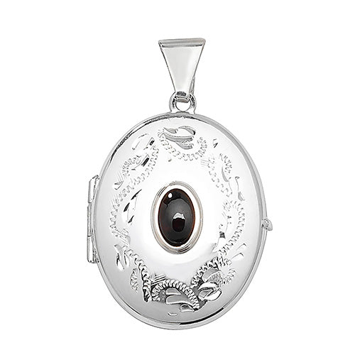 Silver Oval Patterned Locket Set With Gemstone