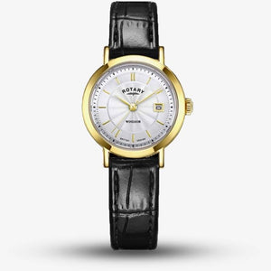 LS05423/70 Lds Rotary Windsor Crafted with a gold PVD stainless steel 27mm case, black leather strap,