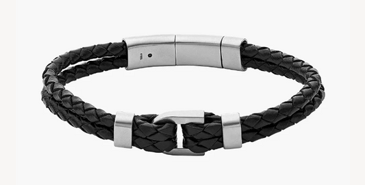 Fossil Heritage D-Link Black Leather Stainless Steel Bracelet JF04202040