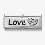 Nomination Classic Silvershine and Black Enamel Writing Love and CZ Set Heart Double Charm 330731/05