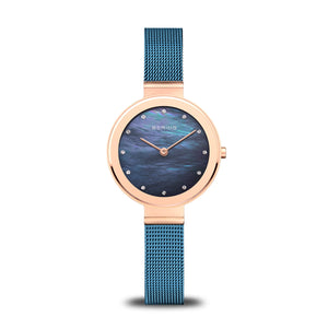 Bering Solar Polished Ladies Classic Blue Milanese Bracelet Watch Ref 10128-368