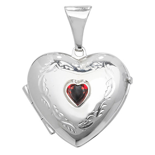 Silver Heart Patterned Locket Set With Gemstone