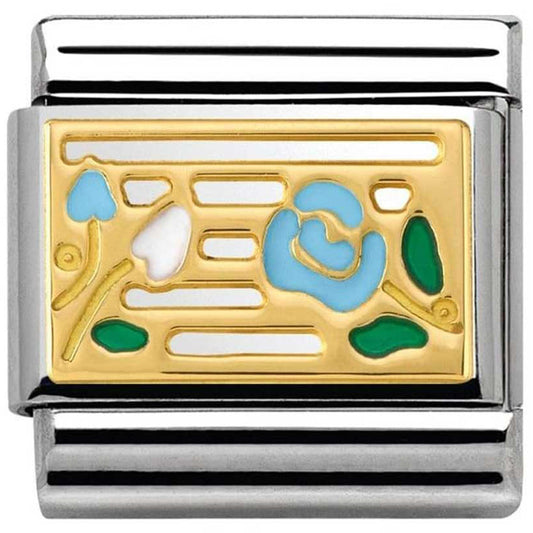 Nomination Classic 18K Gold and Enamel Gold & Blue Roses On A Fence Charm 030284/14