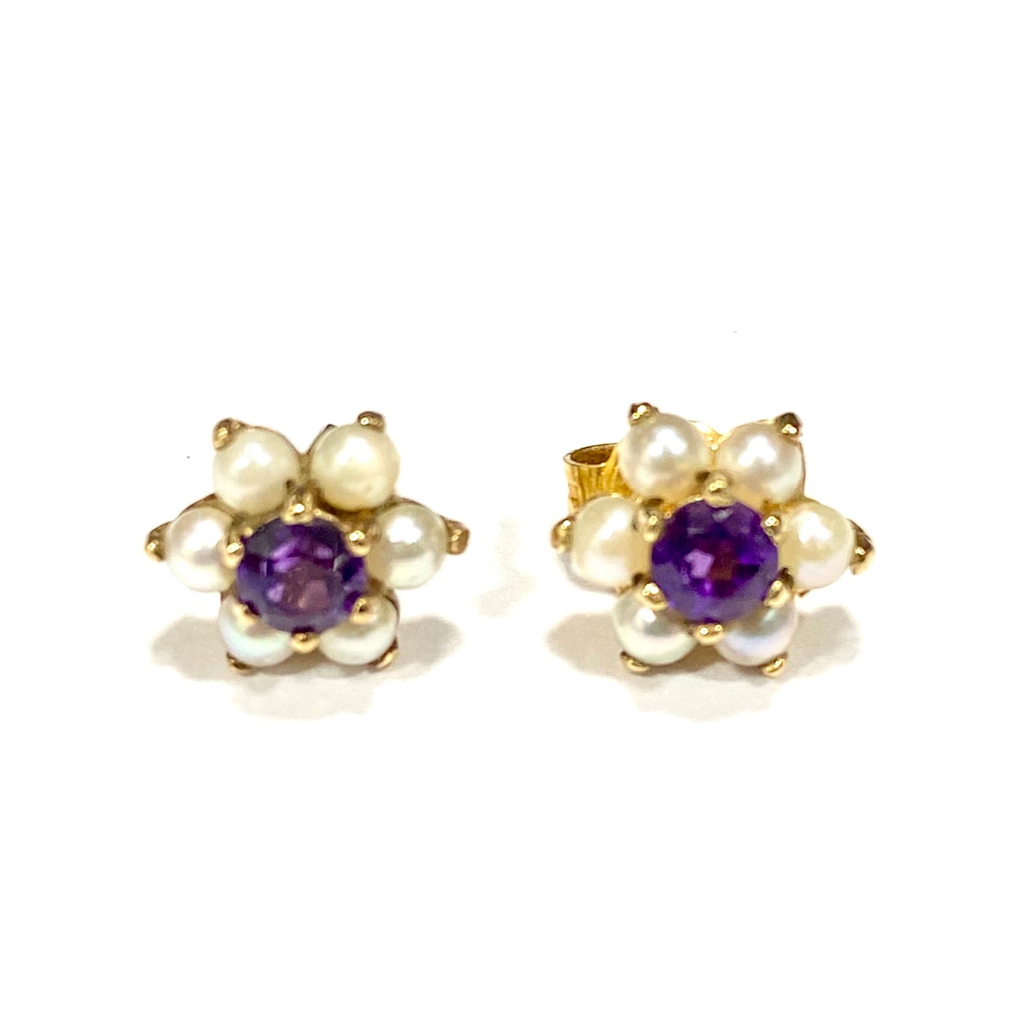 9ct Yellow Gold Amethyst and Pearl Cluster Earrings Preloved