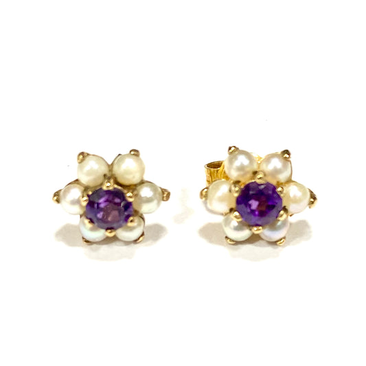 9ct Yellow Gold Amethyst and Pearl Cluster Earrings Preloved