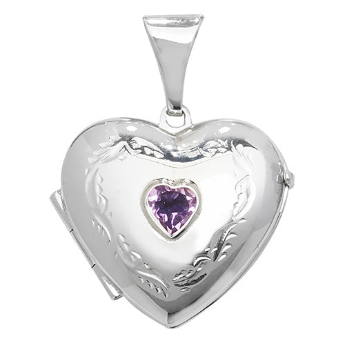 Silver Heart Patterned Locket Set With Gemstone
