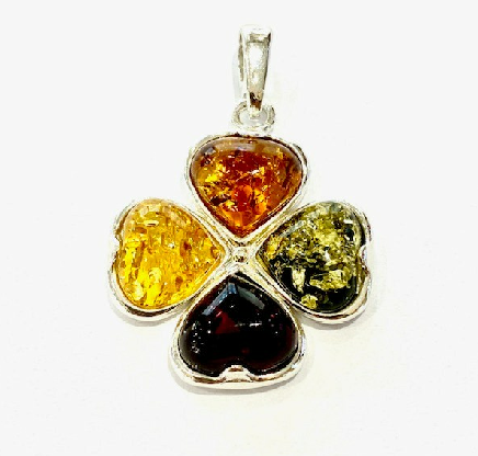Sterling Silver 4 Leaf Clover Multi Colour Amber Pendant