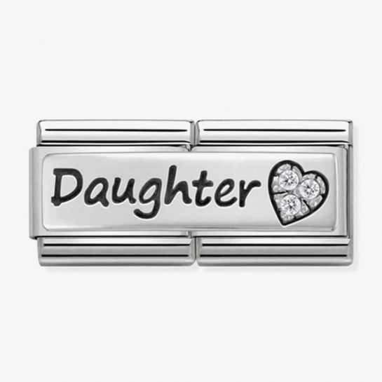 Nomination Classic Silvershine and Black Enamel Writing Daughter and CZ Set Heart Double Charm 330731/02