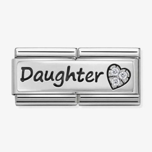Nomination Classic Silvershine and Black Enamel Writing Daughter and CZ Set Heart Double Charm 330731/02