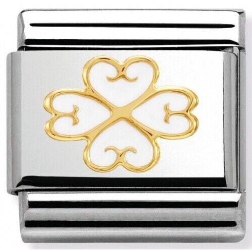 Nomination Classic 18K Gold and Enamel Gold & White our Leaf Clover with Hearts Charm 030279/14