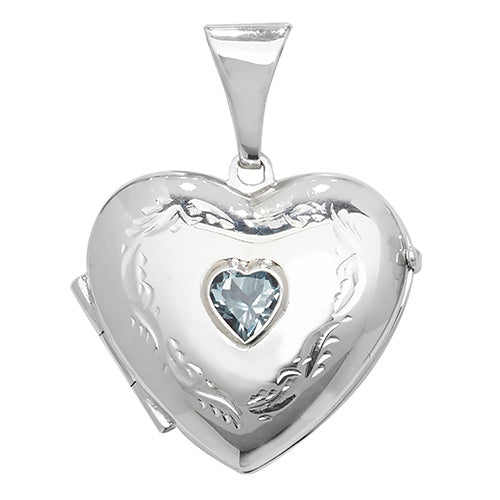 Silver Heart Patterned Locket Set With Gemstone