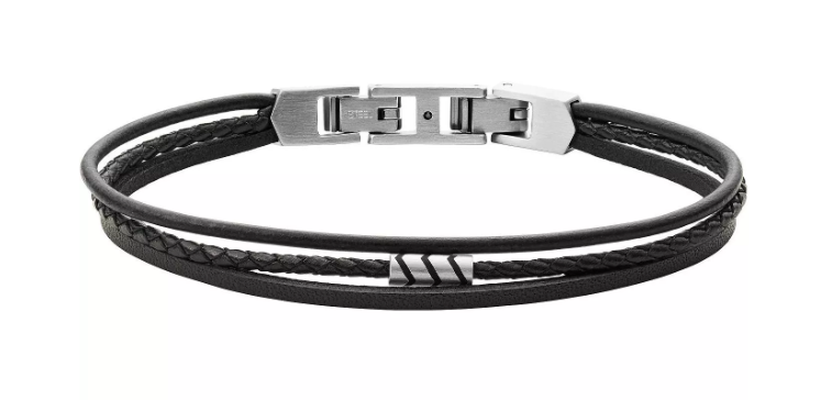 Fossil Stainless Steel Vintage Casual Black Leather Multi-Strand Bracelet JF03713040