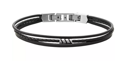 Fossil Stainless Steel Vintage Casual Black Leather Multi-Strand Bracelet JF03713040