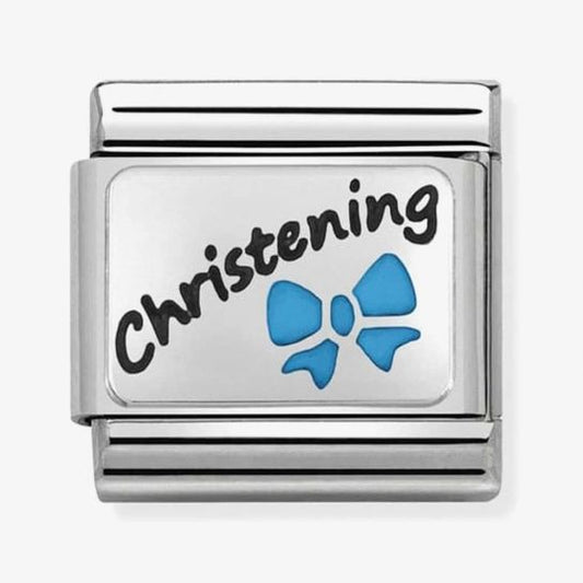 Nomination Classic Silvershine Oxidised and Enamel Writing Christening Blue Bow Charm 330208/18