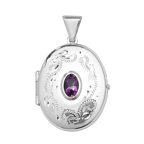 Silver Oval Patterned Locket Set With Gemstone